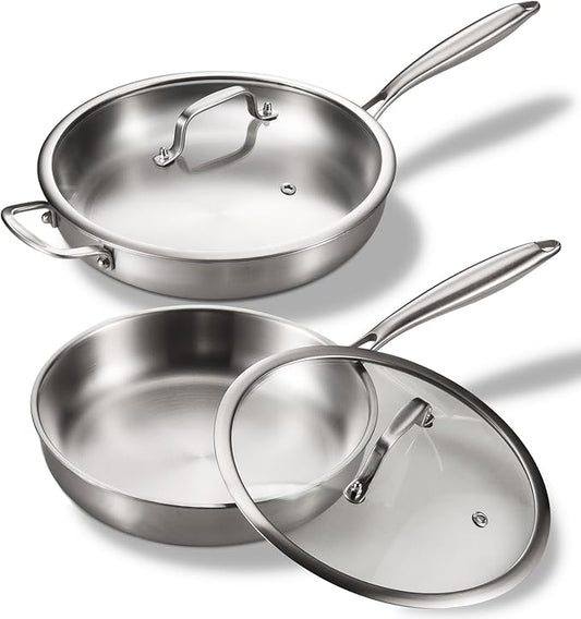 Tri-Ply Stainless Steel Pan Set, PFOA and PTFE-Free Skillet Griddle, Stainless Steel Pan Set with Lid for the Kitchen, Induction-Compatible Cookware Sets, Dishwasher and Oven Safe