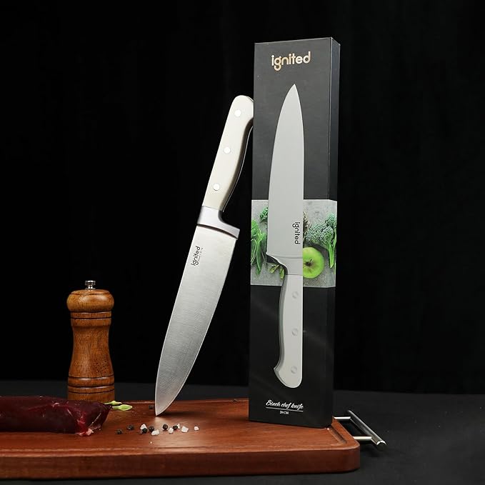 8 inch Chef Knife, High Carbon 1.4116 German Steel Kitchen Knife, Ultra Sharp Chefs Knife with Beautiful White ABS Handle, Professional Cooking Knife with Luxury Gift Box