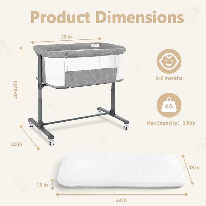 Kinder King Baby Bassinet w/Wheels, Folding Portable Newborn Bedside Sleeper, All-Sided Mesh Infant Crib, Adjustable Height, Removable Soft Mattress, No Tool to Assemble, Grey