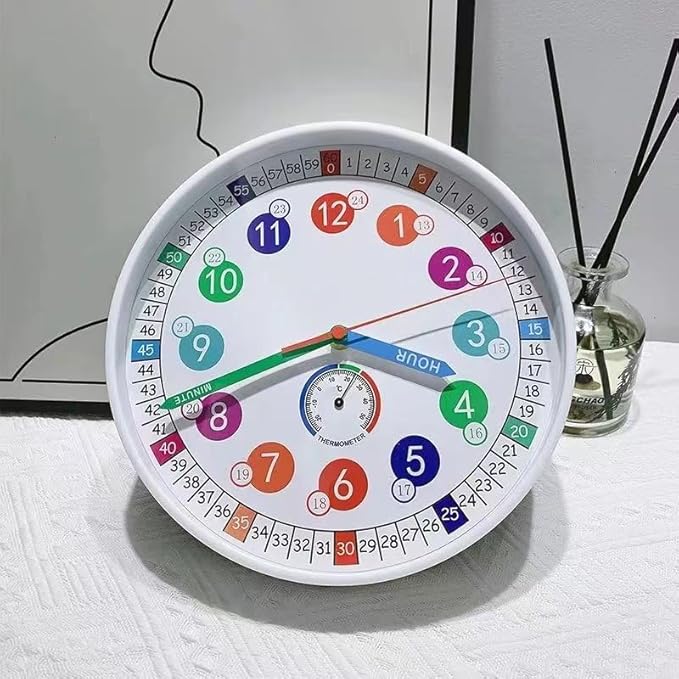 Wall Clocks,10Inch Learning Time Clock, Colorful Clock Face Silent Clocks with Simple Thermometer,Clear Digital Wall Clock (White)