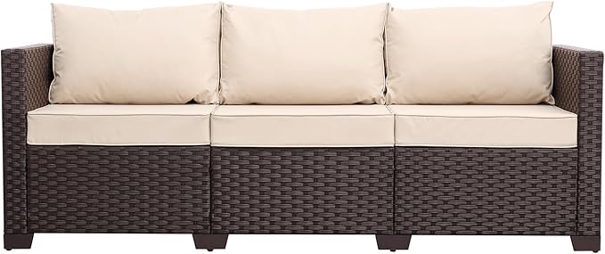 Patio Furniture 3-seat Sofa Wicker Outdoor Furniture Outdoor Couch Deep Seat Hight Backrest Non-Slip Cushions, Khaki