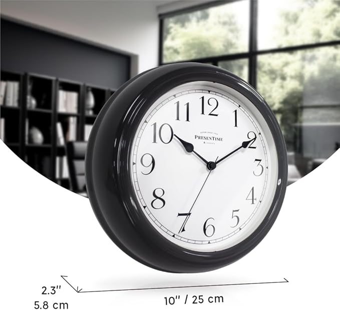 Presentime & Co Chic Home Collection 10" Molly Clock, Silent No Ticking, Black Color. Modern Decorative Wall Clock for Kitchen, Kid's Room, Bathroom, Bedroom, and Office