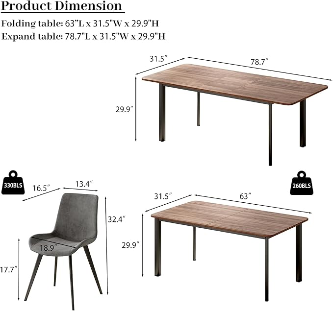 63"- 78.7" Extendable Dining Table Set for 6, Modern Kitchen Table with 6 PU Leather Chairs, Thickened Expandable MDF Wooden Table with Metal Legs for Dining Room, Kitchen, Living Room