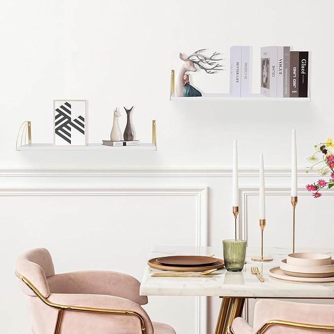 Long 48 IN White Wall Bookshelf- Curved Fan-Shaped Design with Built-in Anti-Slip Book Stops|0.71" Thicker Heavy Duty White and Gold Floating Shelf|Floating Book Shelves for Wall, Home Décor Set of 2