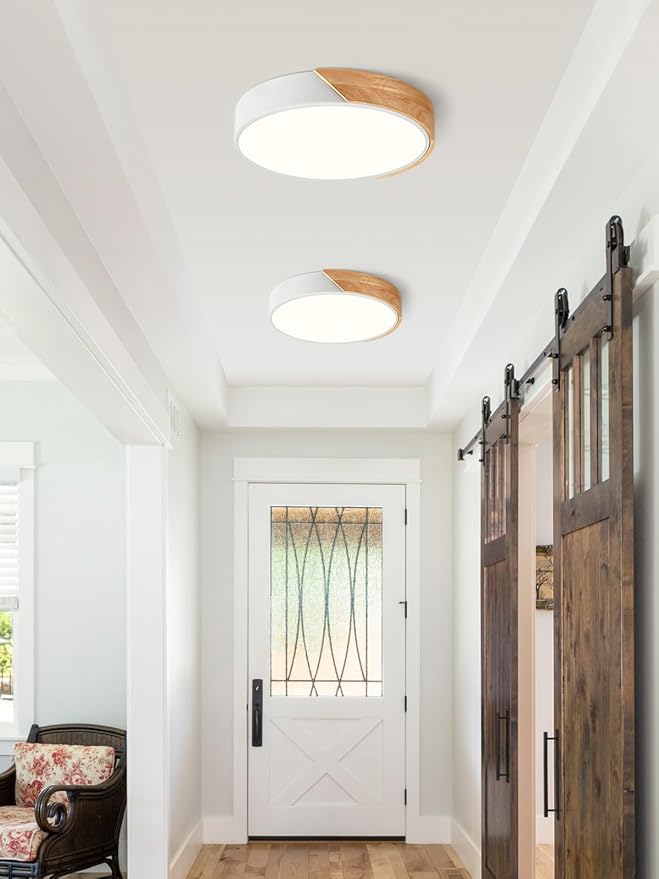 Modern Dimmable White Flush Mount Ceiling Light Wood Close to Ceiling Lights for Bedroom Round LED Ceiling Lamp Lighting Fixture for Hallway Kitchen Laundry Room(11.8in)