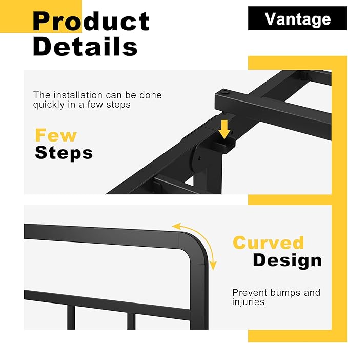 King Size Bed Frame with Headboard, 16 Inch Metal Platform No Box Spring Needed Heavy Duty Steel Slat Mattress Foundation/Easy Assembly/No Noise/Black