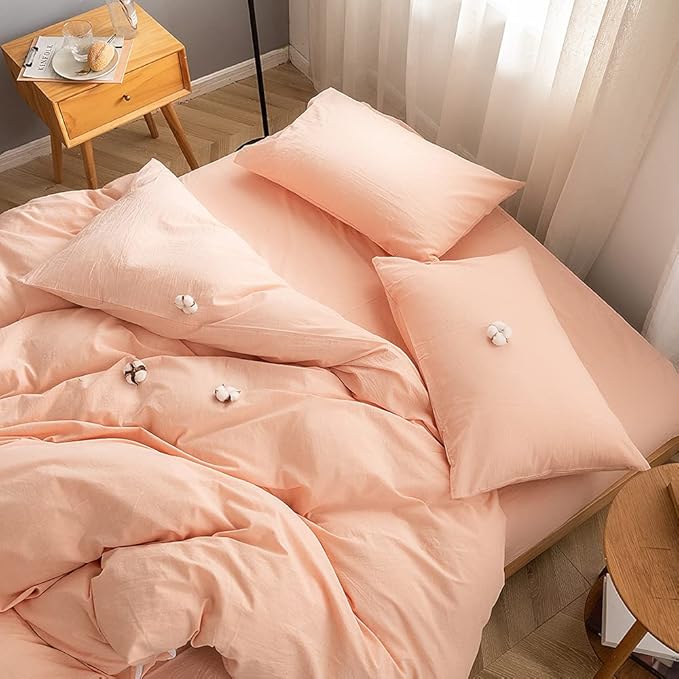 FACE TWO FACE Bedding Duvet Cover Set 3 Pieces 100% Washed Cotton Duvet Cover Linen Like Textured Breathable Durable Soft Comfy (King, Pink)