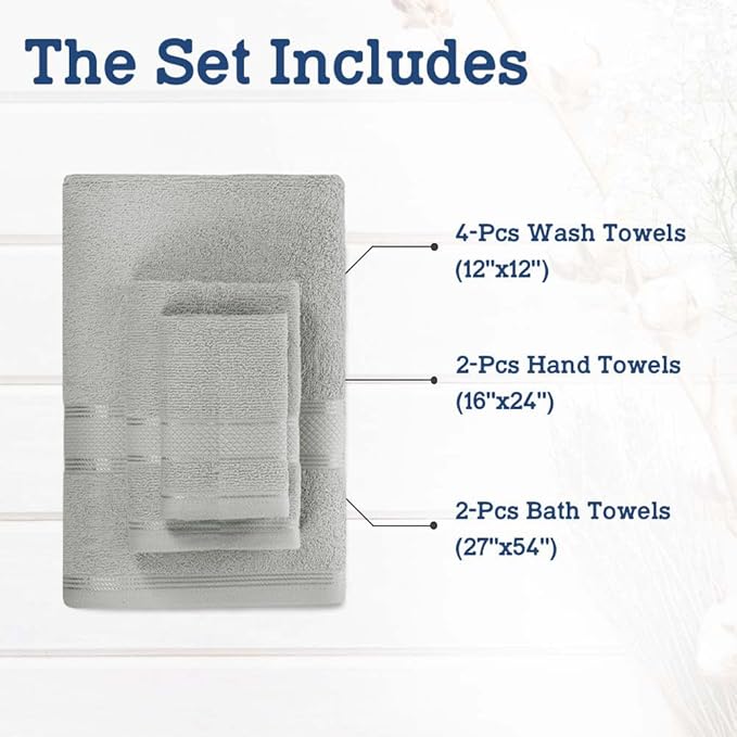 Casa Lino Bath Towel Set of 8 (2 Bath Towels, 4 Wash Cloths & 2 Hand Towels for Bathroom) - 100% Cotton - Highly Absorbent & Quick Dry - Guest Room Essentials for Bathroom Set - (Silver Grey)