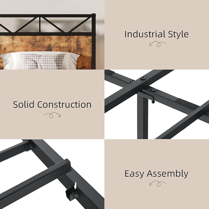 Twin Bed Frames, Bed Frame Twin Size with 51.2" Tall Industrial Headboard, Twin Size Patform Bed Frame with Solid Steel Slats Support, Noise Free, No Box Spring Needed, Easy Assembly, Rustic Brown