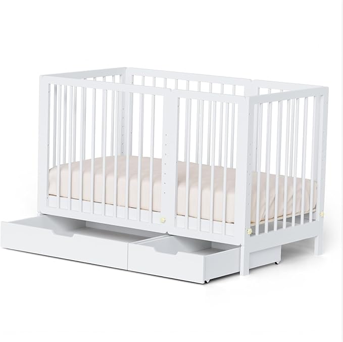 JOYMOR 8 in 1 Convertible Crib with Changer, Include 2” Mattress, Converts to Bassinet, Mid Crib, Full Size Crib, Daybed,Toddler Bed and Playard (Crib with Drawer, White)
