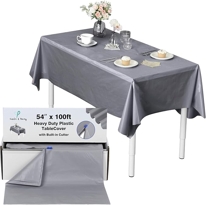 Craft And Party, 54 in x 100 feet Plastic Table Cover Roll for Party, Banquet, Picnic, Kids Activities for Any Size and Shape Table (Silver, 54" x 100ft)