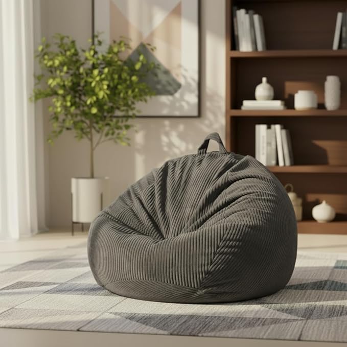 Stuffed Animal Storage Bean Bag Chair Cover, Cover Only (No Filler), Corduroy Toy Organizer Floor Cushion Seat, 48 in/120 cm Slipcover for Teens & Adults,Gray