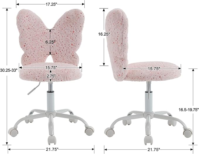 Butterfly Kids Desk Chair Girls Students Study Chair Adjustable Computer Chairs Furry Swivel Office Child Reading Chairs for Home/Bedroom/School/Dorm, Pink