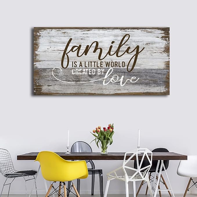 Family Is a Little World Created by Love Canvas Wall Art Rustic Letters Prints Retro Farmhouse Wooden Board Canvas Pictures Wall Decor Vintage Canvas Artwork for Living Room Decoration 24" x 48"