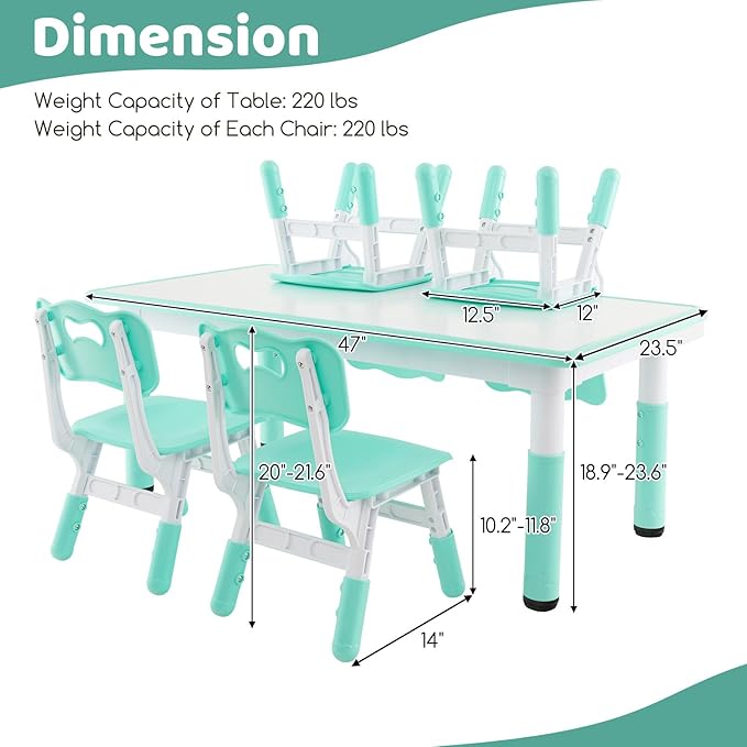 Costzon Kids Table and 4 Chair Set, Height Adjustable Toddler Desk and Chairs with Graffiti Desktop, Non-Slip Legs, Children Art Study Multi-Activity Table Set for Home, Daycare, School (Green)