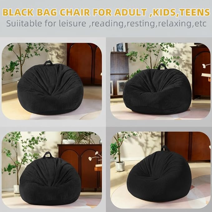 Stuffed Animal Storage Bean Bag Cover (No Filler), Corduroy Kids & Toddler Bean Bag Chair for Teens & Adults, Toy Storage Organizer, Comfy Sofa for Playroom (Onyx Black, Kids (Cover Only))