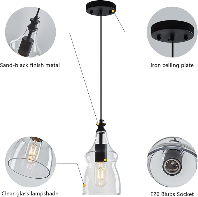 Modern Glass Pendant Lights Kitchen Island Black Pendant Light with 5.11 in Clear Glass Shade Kitchen Pendant Lighting Over Island Bedroom Dining Room (1 Pack)