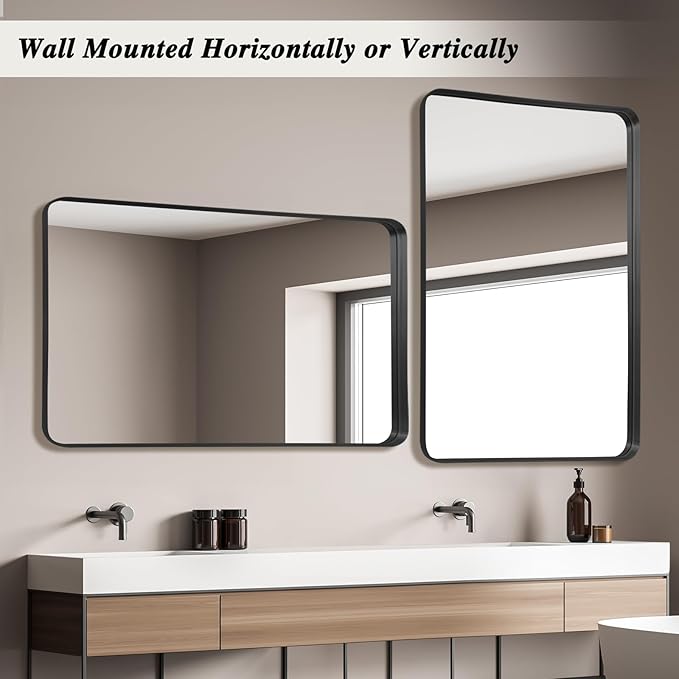 Wall Mirror 30" x 40" for Bathroom Black Metal Deep Frame Mirror for Wall Decorative Rectangular Round Corner Wall Mounted Vanity Mirror for Bedroom Living Room Entryway Wall Decor