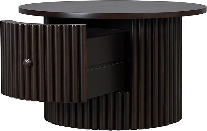 WILLIAMSPACE 30.5" Round Coffee Table with a Drawer, Modern Farmhouse Wood Circle Drum Center Table with Vertical Slat Base, Accent Side End Table for Living Room Apartment, Dark Brown