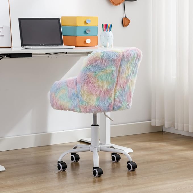 HEAH-YO Swivel Kids Chair, Adjustable Desk Chair with Armrest and Back, Cute Faux Fur Study Chairs for Boys and Girls, Rainbow Color