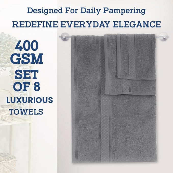 Casa Lino Bath Towel Set of 8 (2 Bath Towels, 4 Wash Cloths & 2 Hand Towels for Bathroom) - 100% Cotton - Highly Absorbent & Quick Dry - Guest Room Essentials for Bathroom Set - (Charcoal Black)