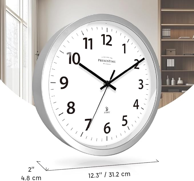 Presentime & Co 12" Atomic Wall Clock, Silent no Ticking, Automatically Sets Itself and Adjust to Daylight Saving Time by WWVB - Faux Stainless Steel Finish. (Home Office)