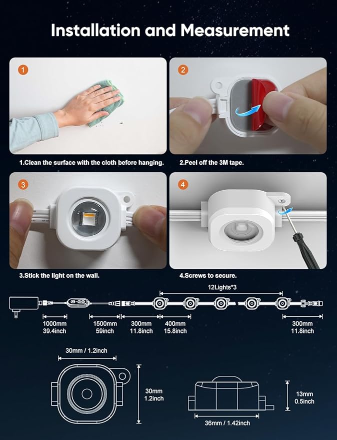 APPECK Permanent Outdoor Lights 50ft,RGBW Eaves Light with 36 LED Lights,111+ Scenes Modes Outdoor Lighting, Waterproof Permanent Light for Daily Holiday Halloween Decorations, Works with Alexa,White