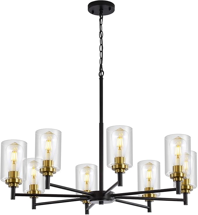 9MMML 8 Lights Black and Gold Chandelier, Modern Glass Ceiling Chandelier Light Fixture, Large Ceiling Hanging Light for Dining Room, Living Room, Bedroom, Kitchen, Over Table, Foyer, E26 Base