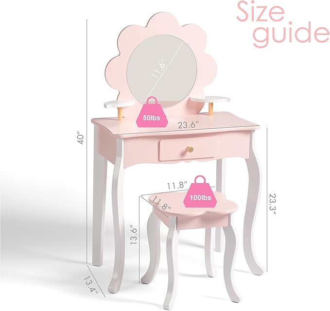 Spirich Kids Vanity, Girls Vanity Set with Mirror and Stool and Lights, Kids Vanity Table and Chair Set, Wooden Princess Makeup Desk Dressing Table (Flower Shape with LED Strip)