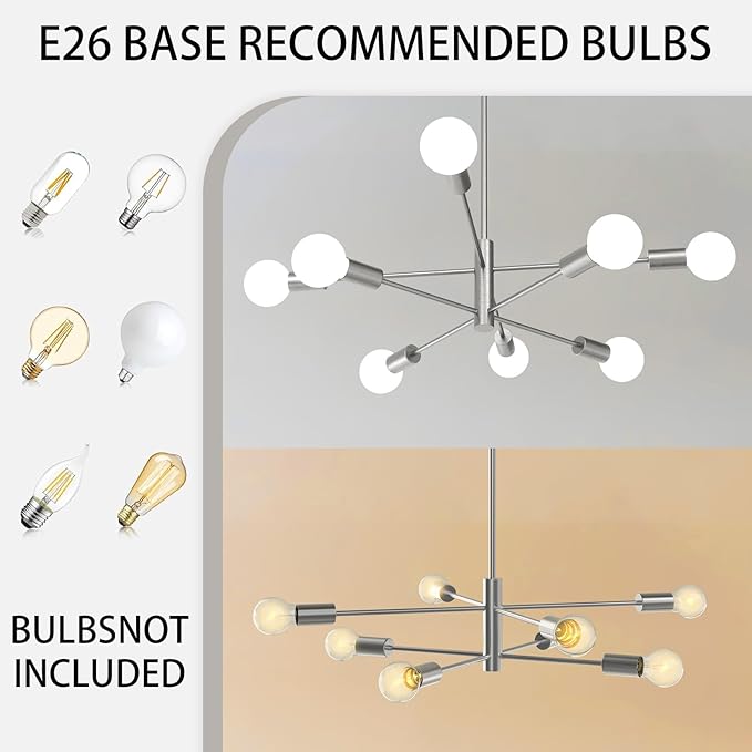Modern Chandelier, 53 InchH Sputnik Ceiling Light Dining Room Light Fixtures Over Table Height Adjustable Mid Century Hanging Light E26 Pendant Lighting for Bedroom Kitchen Foyer 8-Light Silver