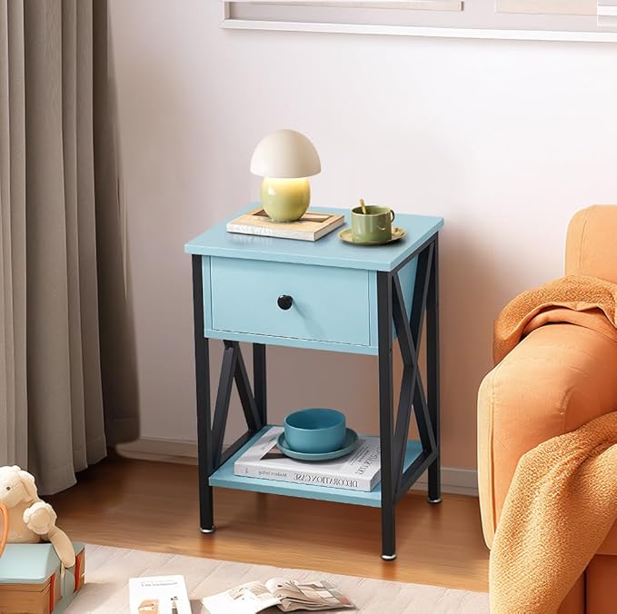 VECELO Nightstand,Modern Bedside End Table, Night Stand with Drawer and Storage Shelf for Living Room Bedroom, Industrial Metal Frame