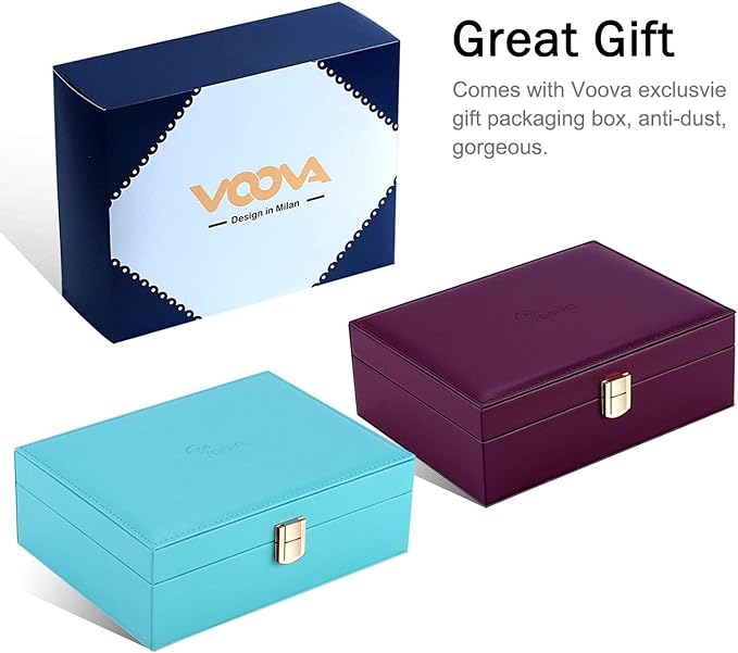 Voova Jewelry Box Organizer for Women Girls, 2 Layer Large Men Jewelry Storage Case, PU Leather Display Jewellery Holder with Removable Tray for Necklace Earrings Rings Bracelets, Vintage Gift, Purple