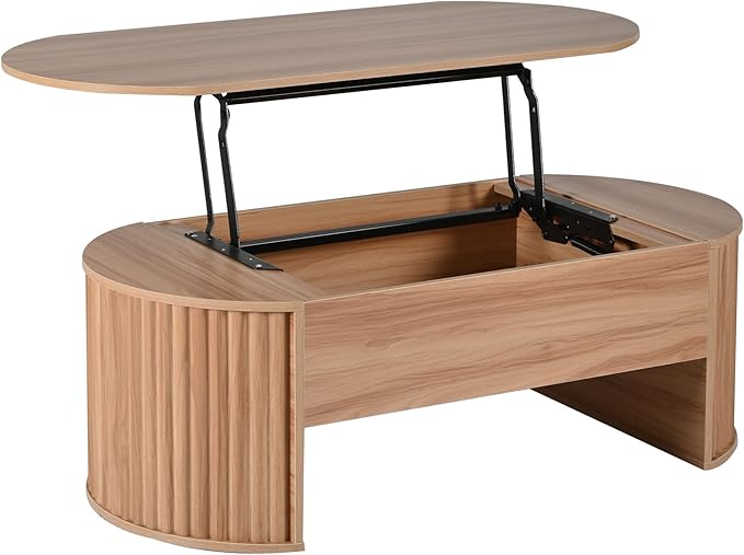 WILLIAMSPACE 47.2'' Lift Top Coffee Table with Hidden Compartment Storage, Modern Wooden Oval Center Table Accent Lift Tabletop Tea Table for Living Room, Light Brown