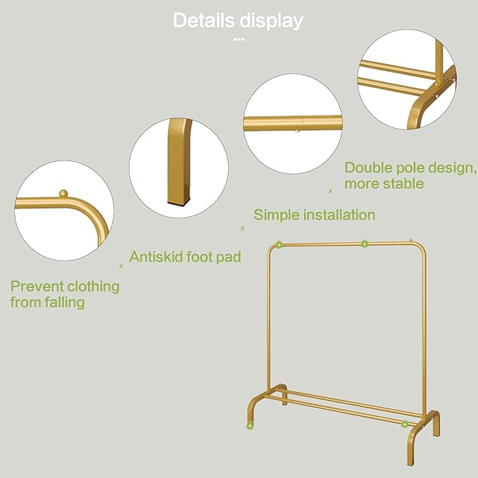 JIUYOTREE Metal 43.3 Inches Garment Rack with Bottom Shelf Clothing Rack for Hanging Clothes Coats Skirts Shirts Sweaters Gold