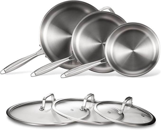 Tri-Ply Stainless Steel Pan Set, PFOA and PTFE-Free Skillet Griddle, Stainless Steel Pan Set with Lid for the Kitchen, Induction-Compatible Cookware Sets, Dishwasher and Oven Safe