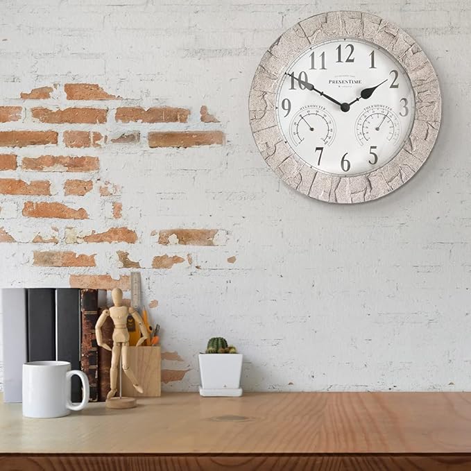 Presentime & Co Sandstone Outdoor Clock with Thermometer & Hygrometer as All in one Weather Station, 14", Coastal Sandstone Finish. Weather Thermometer, Outdoor Décor, Wall Décor.