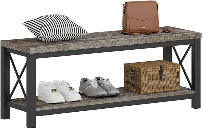 BON AUGURE Entryway Bench, Wood Metal Shoe Rack Bench for Indoor, Industrial Storage Benches for Bedroom, Mudroom, Foyer (47 inch Wide, Dark Grey Oak)