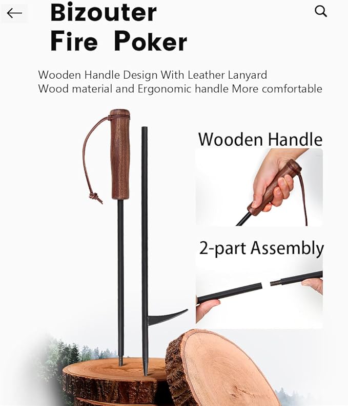 Fire Poker 34inch 2 in 1 Foldable Fire Poker & Blow Stick Fireplace Tool with Wooden Ergonomic Handle, Portable Fire Pit Poker for Campfire,Wood Burning Stove & BBQ