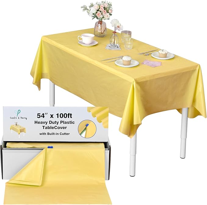 Craft And Party, 54 in x 100 feet Plastic Table Cover Roll for Party, Banquet, Picnic, Kids Activities for Any Size and Shape Table (Yellow, 54" x 100ft)