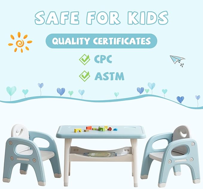 Kids Table and Chair Set, Plastic Children Activity Table with 2 Chairs, Toddler Table and Chair Set for Reading, Drawing, Snack Time, Arts Crafts, Preschool, Gift for Boys Girls