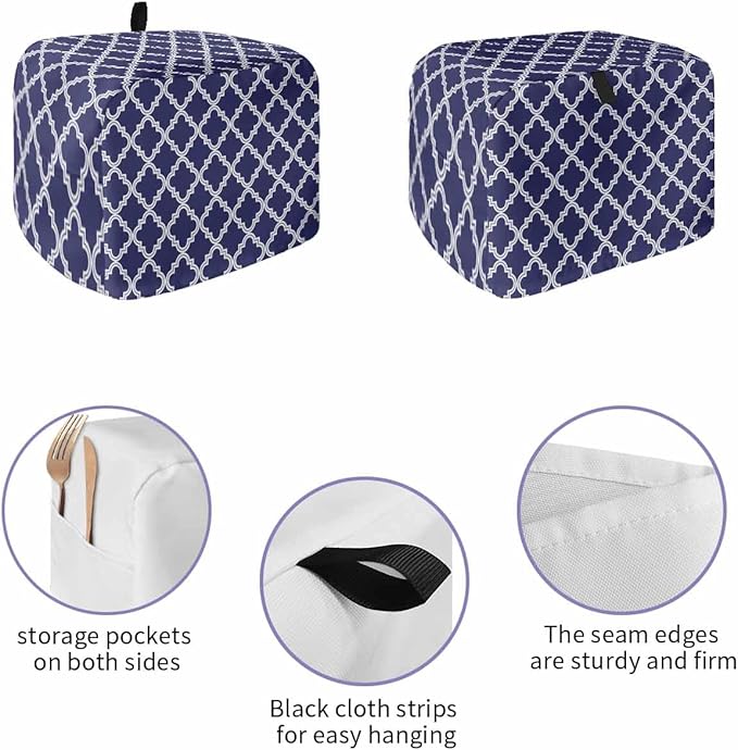 Toaster Cover 4 Slice Moroccan Pattern Toaster Oven Cover with Pockets Geometric Trellis Navy Blue Dustproof Bakeware Protector Small Kitchen Appliance Dust Covers and Fingerprint Protection for Women