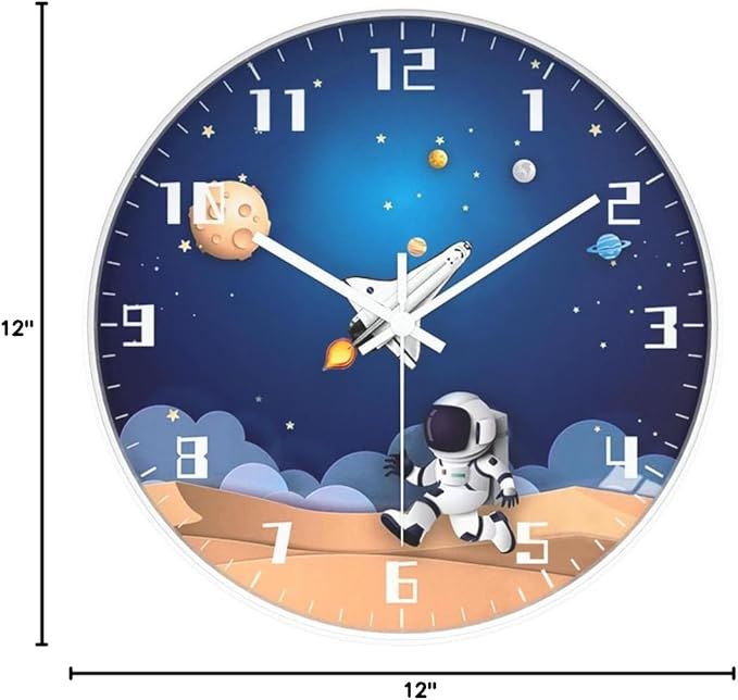 12 Inch Silent Movement Kids Wall Clock, Non Ticking Children Round Wall Clock Battery Operated Space Travel Style Decor Children Clock for Home School Boys Bedroom Living Room (White)