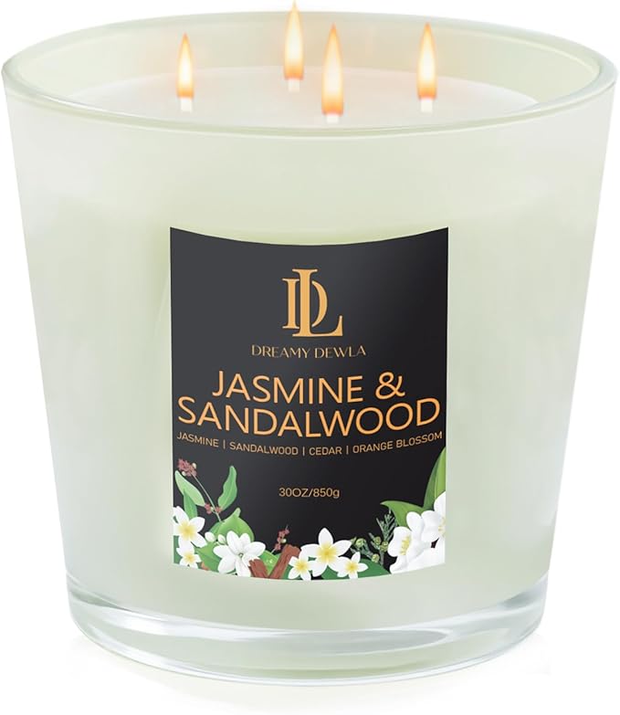 Jasmine & Sandalwood Scented Candle, Large 30oz Natural Soy Candles, 4-Wick 80 Hour Burn Time, Home Fragrance Candles Housewarming Gift for Women Men