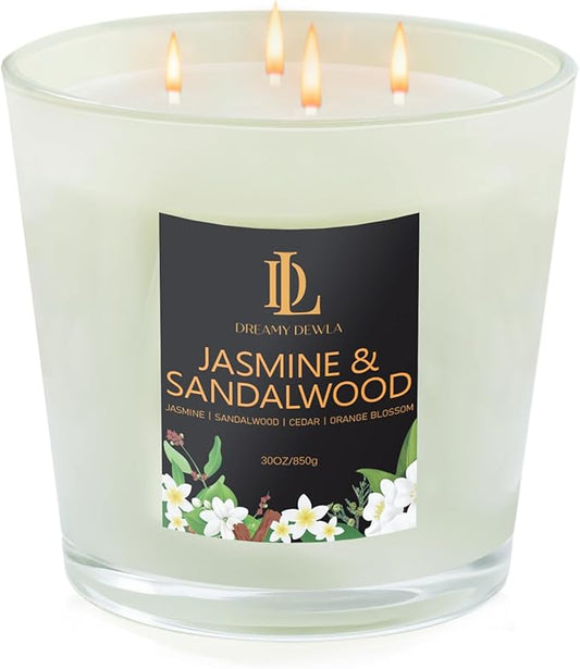 Jasmine & Sandalwood Scented Candle, Large 30oz Natural Soy Candles, 4-Wick 80 Hour Burn Time, Home Fragrance Candles Housewarming Gift for Women Men