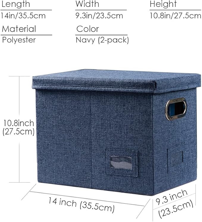PRANDOM File Organizer Box - Set of 2 Collapsible Decorative Linen Filing Storage Hanging File Folders with Lids Office Cabinet Letter Size Navy Blue (14x9.3x10.8 inch)