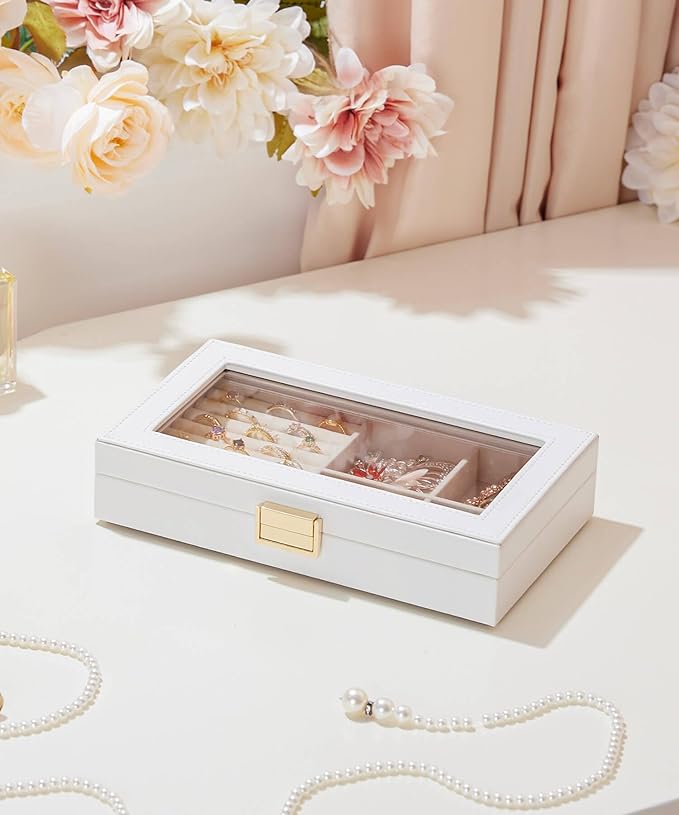 Homde Jewelry Tray Stackable Jewelry Box with Glass Lid, Removable Dividers for Vanity Table Gift Idea for Girls and Women (White)