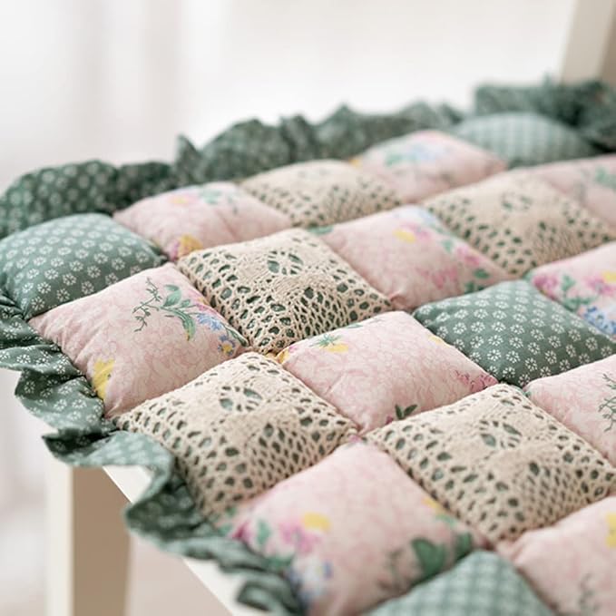 vctops Lace Patchwork Chair Pad Cushion with Ties, Elegant Ruffle Edge Decorative Cushions Farmhouse Floral Pattern Square Seat Cushion for Kitchen Dining Room Office (Type C,16"x16")