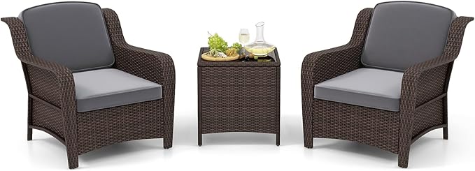 Tangkula 3 Pieces Outdoor Patio Furniture Set, Patiojoy PE Rattan Wicker Chairs with Cushions and Tempered Glass Coffee Table, Outdoor Wicker Conversation Bistro Set for Porch, Balcony, Garden (Gray)