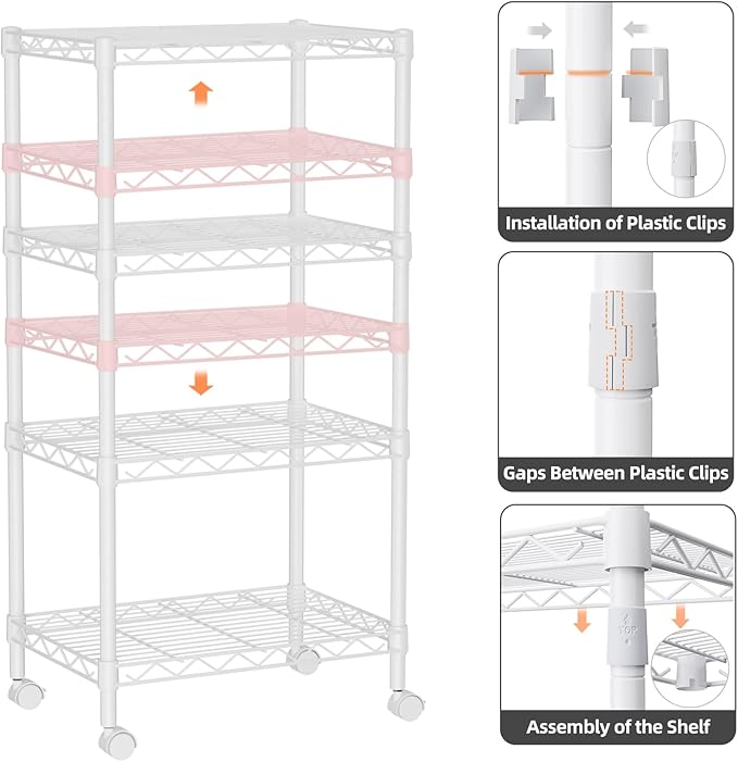 Small 4 Tier Shelves Storage Wire Shelving Unit Metal Shelf Adjustable Organizers Storage Shelving with Wheels for Bathroom Laundry Room Kitchen Pantry12”D x 18”W x 44.8”H White