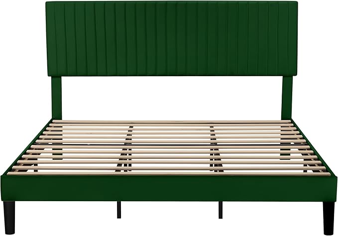 Allewie King Bed Frame, Velvet Upholstered Platform Bed with Adjustable Vertical Channel Tufted Headboard, Mattress Foundation with Strong Wooden Slats, Box Spring Optional, Easy Assembly, Green